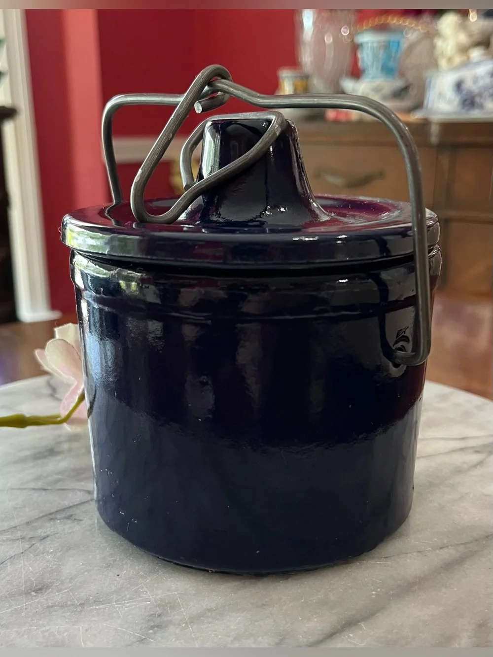 VTG Cobalt Blue Stoneware Cheese Crock w Wire Bail Lid, 1lb Med. Sz. Farmhouse